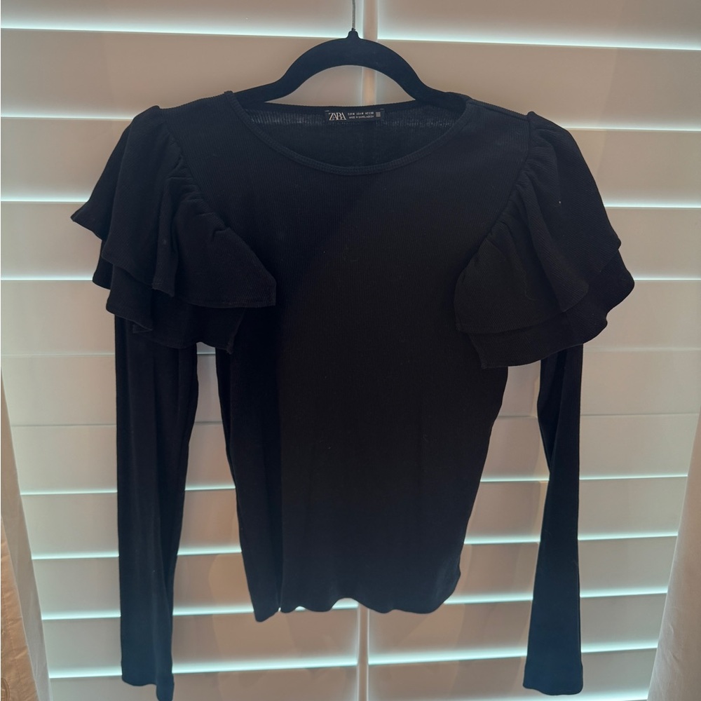 Zara Elegant Black Ruffle Sleeve Blouse